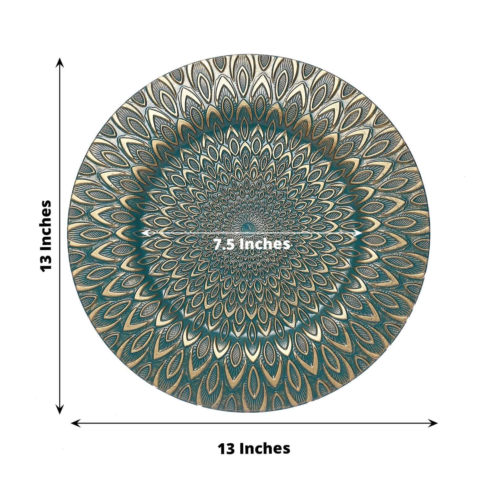 6-Pack Plastic Charger Plates 13" Round Teal with Gold Embossed Peacock Pattern - Disposable Charger Tableware - Image 3