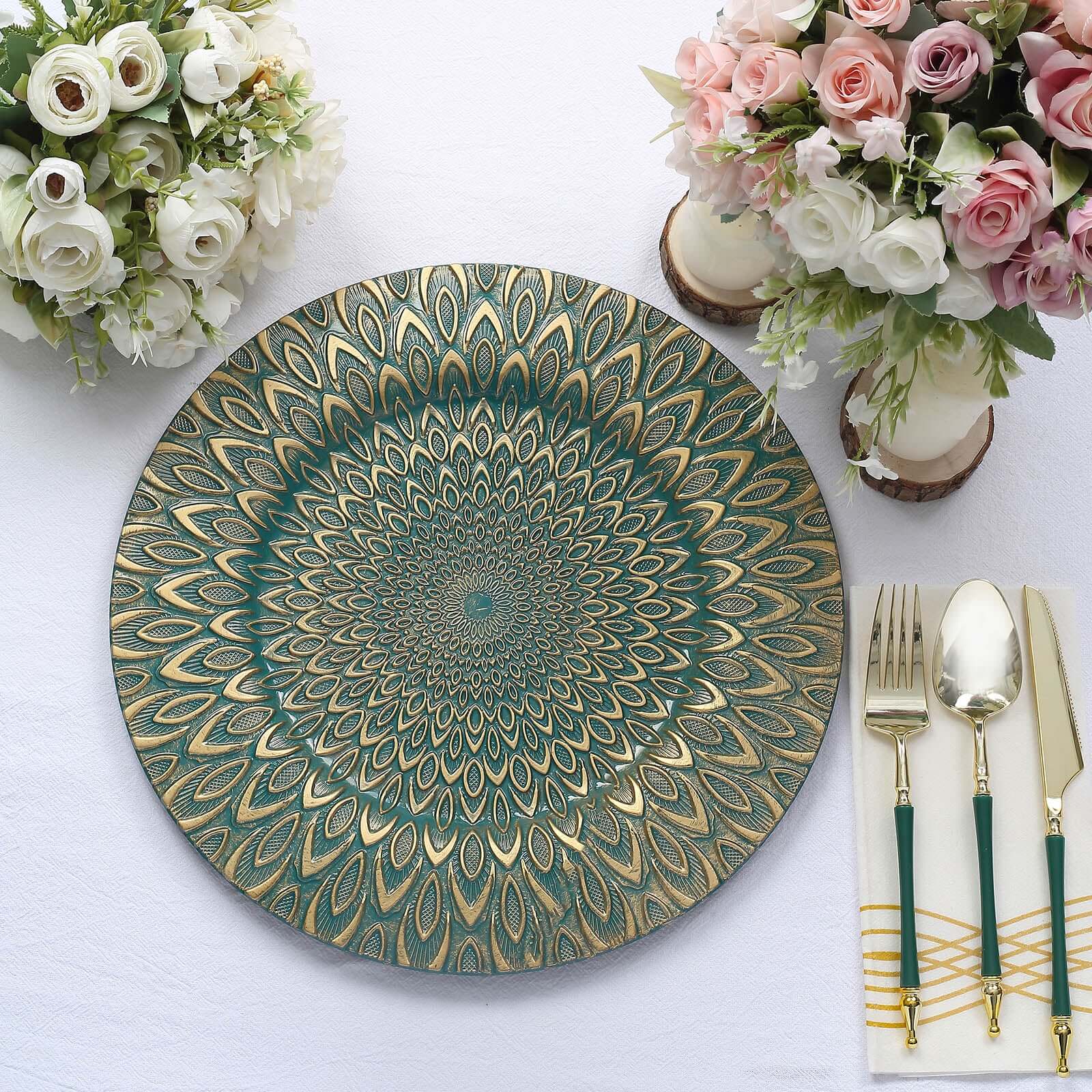 6-Pack Plastic Charger Plates 13" Round Teal with Gold Embossed Peacock Pattern - Disposable Charger Tableware - Image 7